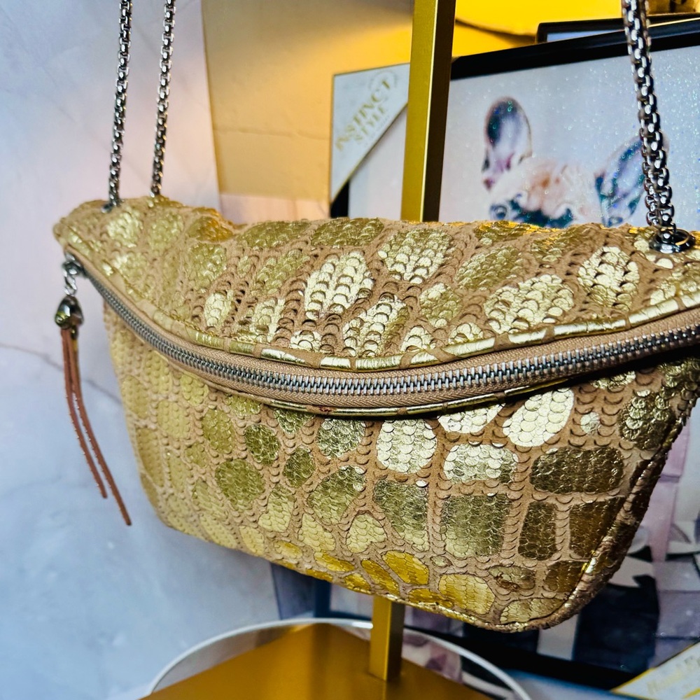 Henri Bendel Tan & Gold Spotted convertible crossbody shoulder Bag STUNNING EUC